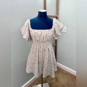 No Comment White Floral Cottagecore Puff Short Sleeve Mini Dress Size Medium
